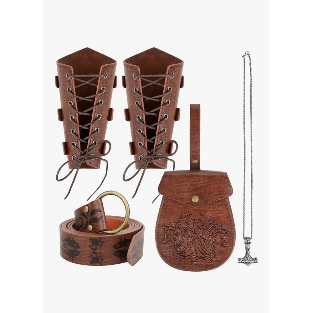 Viking Cosplay‎ Costume Set Leather Bracers Belt Pouch Thor Hammer Necklace